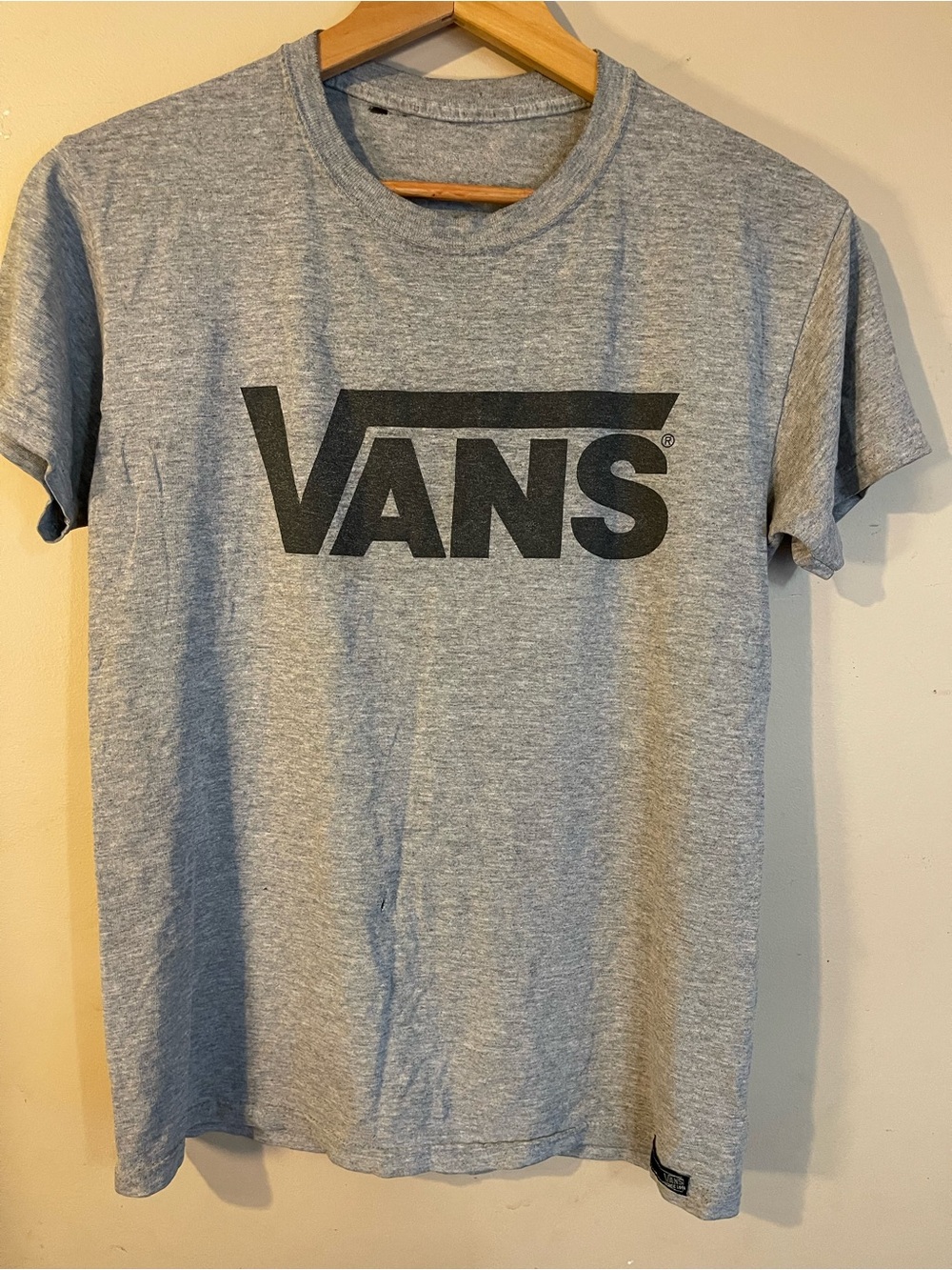 Vans Off The Wall Grey Distressed Spellout Classic Logo Graphic Tee S As Is